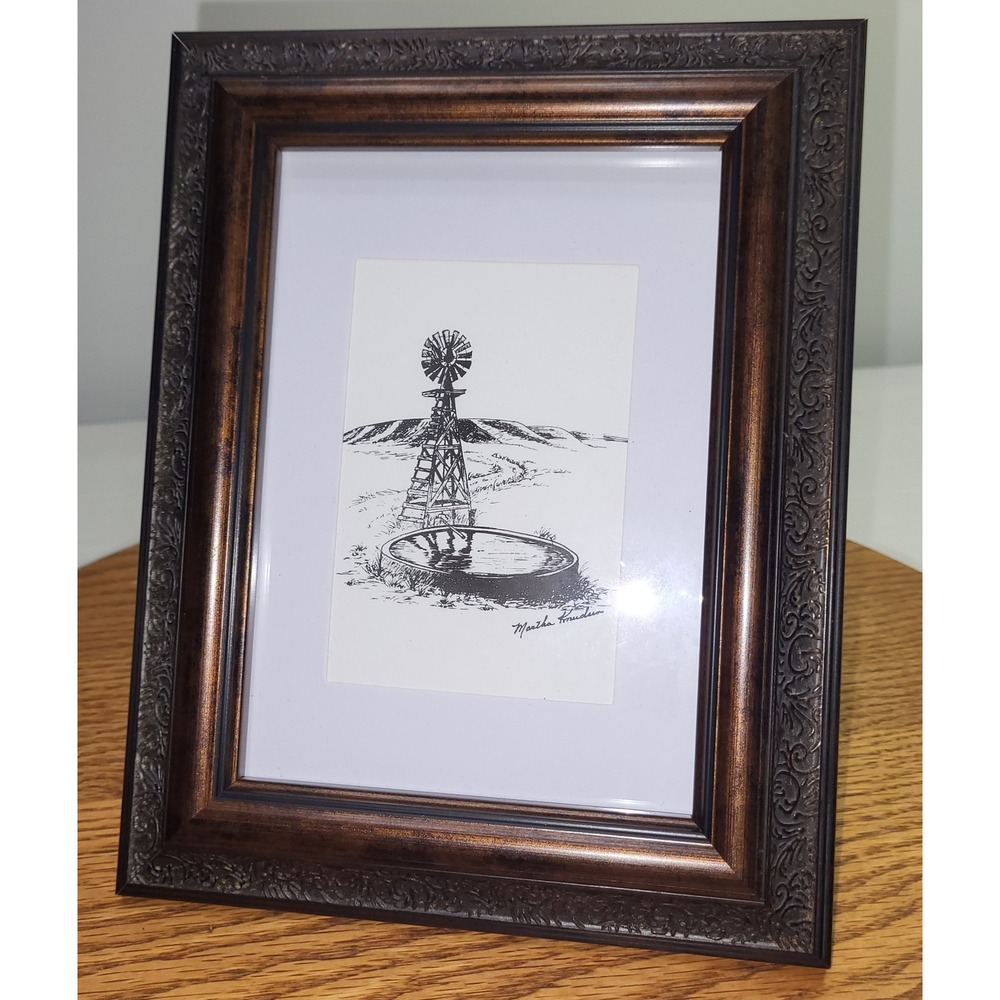 Martha Knudsen Windmill Pen and Ink Drawing Art Bronze Ornate Frame 9x7